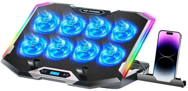 Alt view image 8 of 14 - Gaming Laptop Cooling Pad with 8 Cooling Fans, Laptop Fan Cooler Pad for 15-17.3 Inch, Notebook Cooler Stand with 6 Height Adjustable, RGB Cooling Pad with Two USB Port + Phone Stand