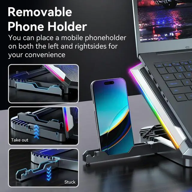 Alt view image 12 of 14 - Gaming Laptop Cooling Pad with 8 Cooling Fans, Laptop Fan Cooler Pad for 15-17.3 Inch, Notebook Cooler Stand with 6 Height Adjustable, RGB Cooling Pad with Two USB Port + Phone Stand