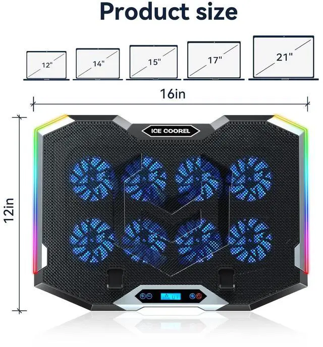 Alt view image 14 of 14 - Gaming Laptop Cooling Pad with 8 Cooling Fans, Laptop Fan Cooler Pad for 15-17.3 Inch, Notebook Cooler Stand with 6 Height Adjustable, RGB Cooling Pad with Two USB Port + Phone Stand