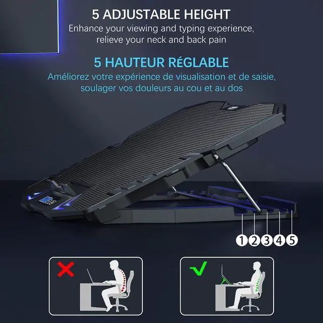 Alt view image 8 of 12 - C5 12-15.6 inch Gaming Laptop Cooler Cooling Pad | 5 Quiet Fans and LCD Screen | 2500RPM Strong Wind Designed for Gamers and Office
