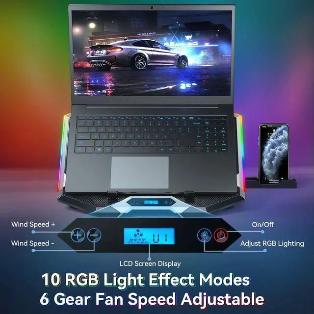 Alt view image 10 of 14 - Gaming Laptop Cooling Pad with 8 Cooling Fans, Laptop Fan Cooler Pad for 15-17.3 Inch, Notebook Cooler Stand with 6 Height Adjustable, RGB Cooling Pad with Two USB Port + Phone Stand