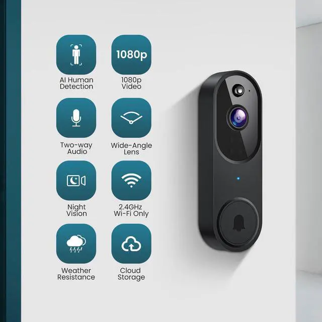 Alt view image 9 of 14 - Wireless Wi-Fi Video Doorbell Camera with Two Way Audio, AI Motion Detection, Night Vision and Cloud Storage, 2.4G Wi-Fi only