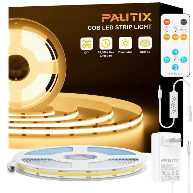 Alt view image 8 of 14 - COB LED Strip Light,LED Lights 16.4ft,UL Listed Warm White 2700K Dotless Strip Lights,CRI93+ Super Bright Dimmable 24V Flexible Tape Light with RF Remote,for Cabinets,Kitchen Office Lighting