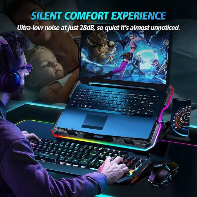 Alt view image 10 of 14 - Gaming Laptop Cooling Pad, Laptop Cooler with 15 Quiet Fans for 12-17.3 Inch Notebook, Slim Portable Laptop Cooling Stand with 7 Height Adjustable, 2 USB Ports, Phone Stand