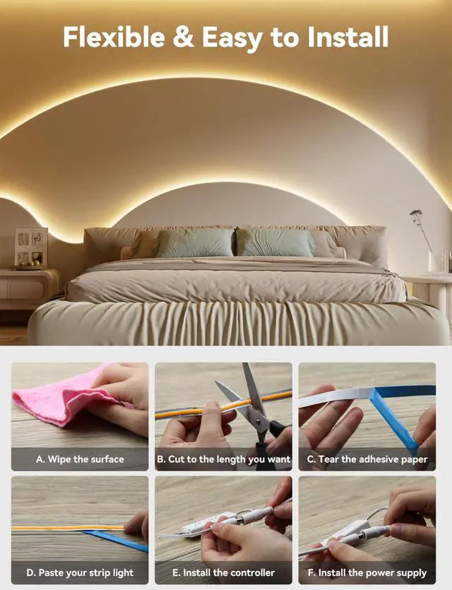 Alt view image 13 of 14 - COB LED Strip Light,LED Lights 16.4ft,UL Listed Warm White 2700K Dotless Strip Lights,CRI93+ Super Bright Dimmable 24V Flexible Tape Light with RF Remote,for Cabinets,Kitchen Office Lighting