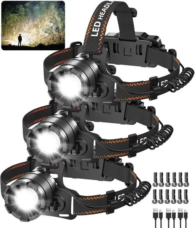 Alt view image 8 of 14 - 3Pack Rechargeable Headlamps for Adults, 9900L Super Bright Head Lamps LED Rechargeable, 4Mode Head Lights for Forehead Hard Hat, Adjustable Focus 90°Headlight, Waterproof LED Headlamp Camping