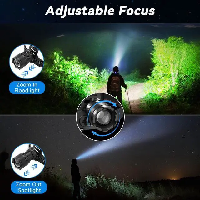 Alt view image 10 of 14 - 3Pack Rechargeable Headlamps for Adults, 9900L Super Bright Head Lamps LED Rechargeable, 4Mode Head Lights for Forehead Hard Hat, Adjustable Focus 90°Headlight, Waterproof LED Headlamp Camping