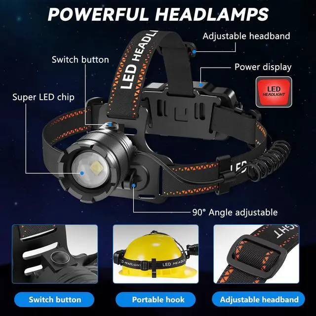 Alt view image 13 of 14 - 3Pack Rechargeable Headlamps for Adults, 9900L Super Bright Head Lamps LED Rechargeable, 4Mode Head Lights for Forehead Hard Hat, Adjustable Focus 90°Headlight, Waterproof LED Headlamp Camping