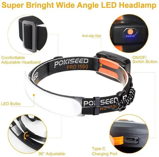 Alt view image 9 of 14 - LED Headlamp Rechargeable, Super Bright 1500 Lumens 230° Wide Beam Headlamp, 3 Modes IPX6 Waterproof Lightweight Head Light with Taillight & Clips for Camping, Running,Fishing, Outdoors, Hard Hat Work