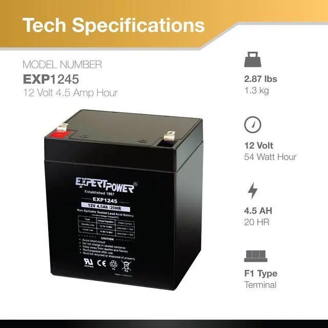 Alt view image 10 of 14 - EXP1245-12V 4.5Ah Rechargeable SLA Battery for Security System, UPS, Garage Door Opener Replacement, Fire Alarm Batteries, Sealed Lead Acid, 12V Battery Backup