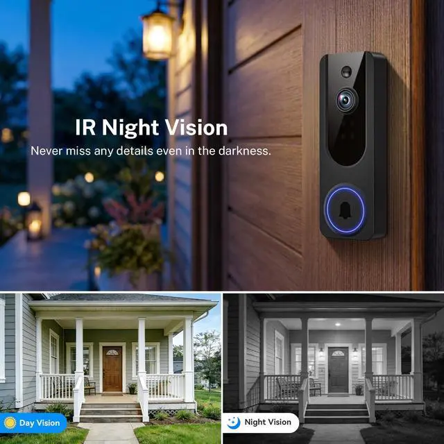 Alt view image 12 of 14 - 1080P Wireless Video Doorbell Camera, Battery Powered Door Chime, Night Vision, 2-Way Audio, Smart AI Human Detection, Cloud Storage, Home Security Door Bell