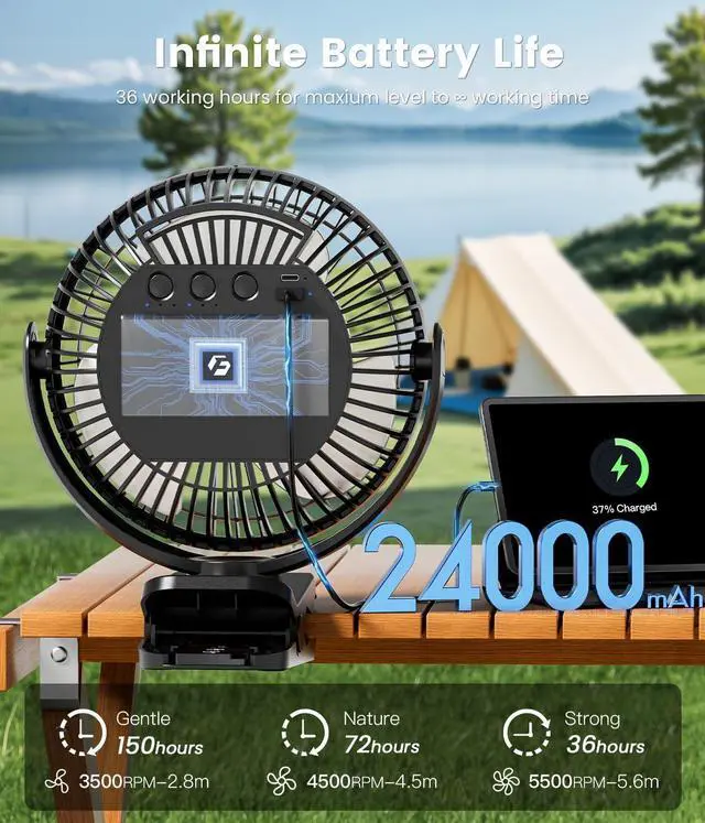 Alt view image 10 of 14 - 24000mAh Clip on Fan for Golf Cart - 8-inch Portable Rechargeable Fans - Max Up to 150Hrs Work Time - Battery Operated Fan with LED, Remote, Timers, Hook for Office, Desk, Camping, Treadmill, Tent