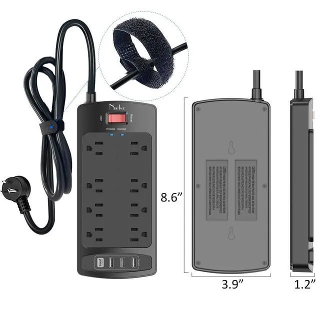 Alt view image 14 of 14 - Surge Protector Power Strip - Flat Plug Extension Cord with 8 Outlets and 4 USB Ports, 6 Feet Power Cord (1625W/13A), 2700 Joules, ETL Listed, Black