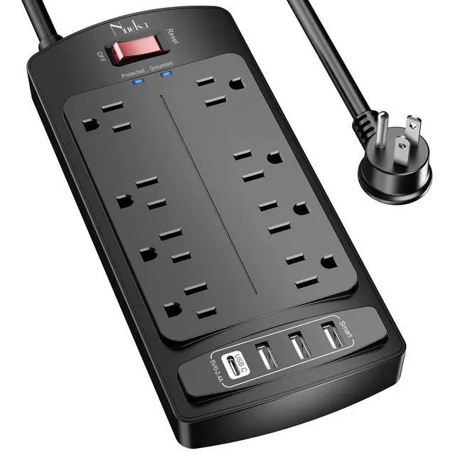 Alt view image 8 of 14 - Surge Protector Power Strip - Flat Plug Extension Cord with 8 Outlets and 4 USB Ports, 6 Feet Power Cord (1625W/13A), 2700 Joules, ETL Listed, Black
