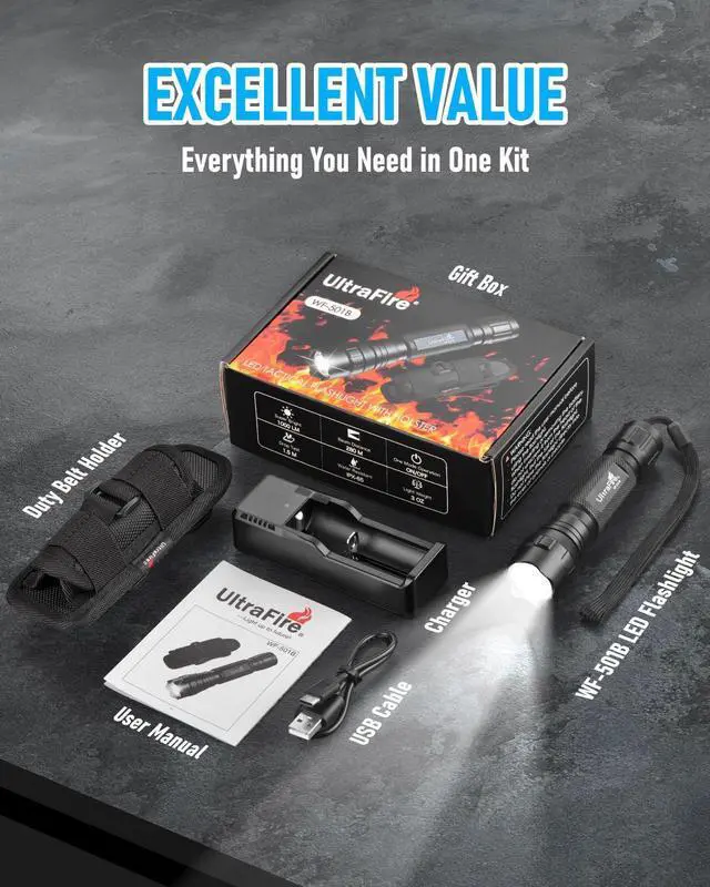 Alt view image 14 of 14 - Tactical Flashlight with Holster, Single Mode LED Flashlight 1000 High Lumen Duty Flashlights with Belt Holster and Charger, Bright Small Flash Light WF-501B