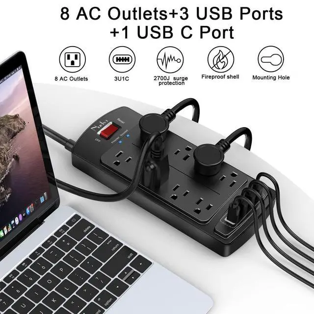 Alt view image 9 of 14 - Surge Protector Power Strip - Flat Plug Extension Cord with 8 Outlets and 4 USB Ports, 6 Feet Power Cord (1625W/13A), 2700 Joules, ETL Listed, Black