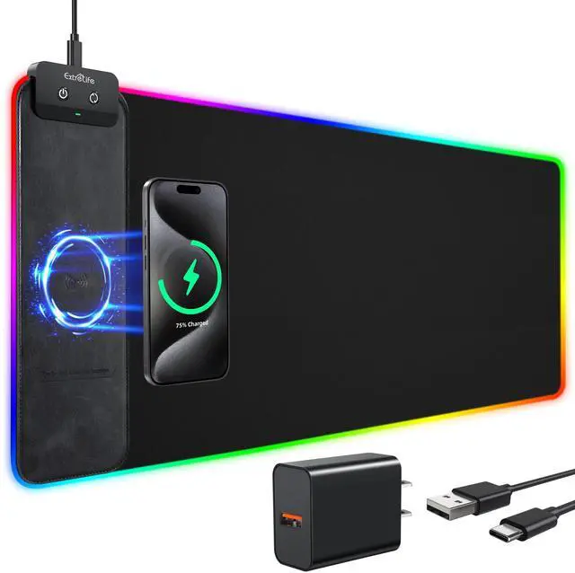 Alt view image 8 of 14 - Wireless Charging RGB Gaming Mouse Pad 10W, 31.5"x11.8" Large Desk Mat, Led Mouse Pad, 9 Light Modes, Non-Slip Rubber Base, Waterproof Computer Keyboard Mat for Gaming Home Office, Black with Adapter
