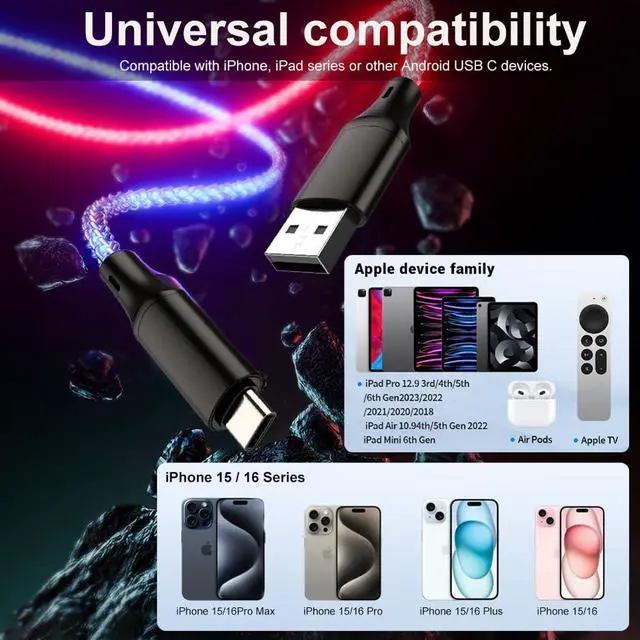 Alt view image 14 of 14 - Car Carplay Cable for iPhone 15 16 17 Pro Max/Plus, 3ft RGB Light Up USB A to Type C Charger Cable LED Colorful Gradual USB C Fast Charging Cord for iPhone, iPad Pro/Air/Mini, Samsung, HTC, LG More