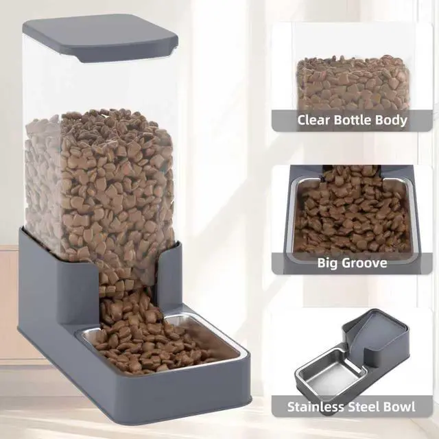 Alt view image 11 of 14 - Stainless Steel Cat Feeder and Water Dispenser,Gravity Waterer & Food Feeder Set with Stainless Steel,Large Capacity Pet Food Bowl for Small Medium Dog Pets Puppy Kitten(Grey,1 Gallon)