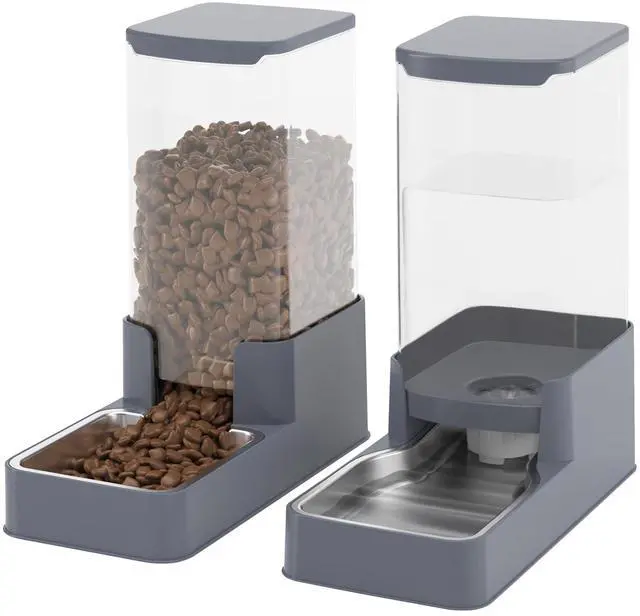 Alt view image 8 of 14 - Stainless Steel Cat Feeder and Water Dispenser,Gravity Waterer & Food Feeder Set with Stainless Steel,Large Capacity Pet Food Bowl for Small Medium Dog Pets Puppy Kitten(Grey,1 Gallon)