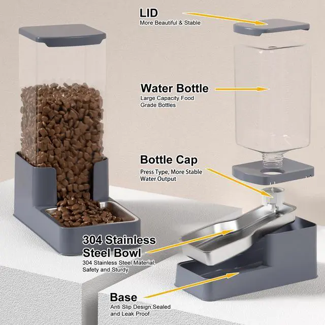 Alt view image 13 of 14 - Stainless Steel Cat Feeder and Water Dispenser,Gravity Waterer & Food Feeder Set with Stainless Steel,Large Capacity Pet Food Bowl for Small Medium Dog Pets Puppy Kitten(Grey,1 Gallon)