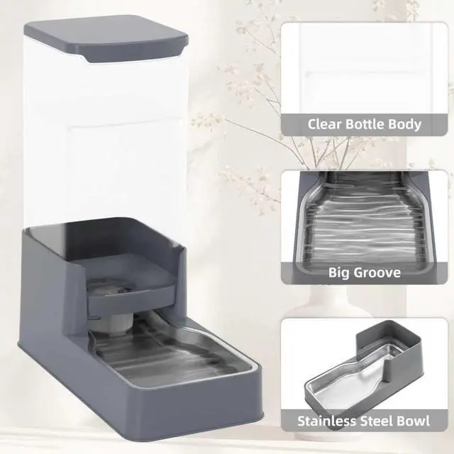 Alt view image 12 of 14 - Stainless Steel Cat Feeder and Water Dispenser,Gravity Waterer & Food Feeder Set with Stainless Steel,Large Capacity Pet Food Bowl for Small Medium Dog Pets Puppy Kitten(Grey,1 Gallon)