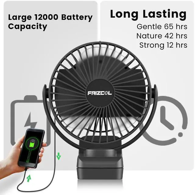 Alt view image 9 of 14 - Portable Clip on Fan 65 Working Hours, Camping Fans with LED Lights & Hook, 12000 Capacity Battery Operated Fan with Clamp, USB Rechargeable for Desk, Tent, Treadmill, Stroller, Golf Cart, Home