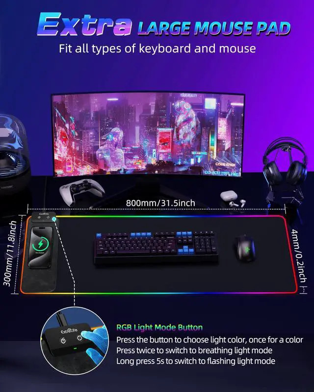 Alt view image 14 of 14 - Wireless Charging RGB Gaming Mouse Pad 10W, 31.5"x11.8" Large Desk Mat, Led Mouse Pad, 9 Light Modes, Non-Slip Rubber Base, Waterproof Computer Keyboard Mat for Gaming Home Office, Black with Adapter