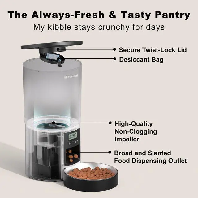 Alt view image 14 of 14 - Automated Cat Feeder,Clear 4.2L Dry Food Dispenser with Single Bowl,Programmable Timed Pet Feeder for Up to 6 Daily Meals,10-Second Voice Message & Dual Power Backup (Black, 4.2L Press Version)