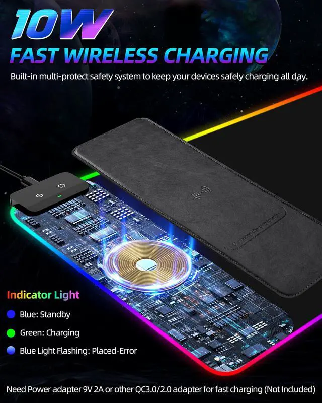 Alt view image 9 of 14 - Wireless Charging RGB Gaming Mouse Pad 10W, 31.5"x11.8" Large Desk Mat, Led Mouse Pad, 9 Light Modes, Non-Slip Rubber Base, Waterproof Computer Keyboard Mat for Gaming Home Office, Black with Adapter