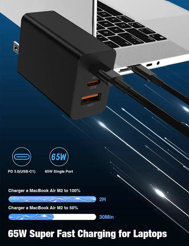 Alt view image 9 of 14 - 2Pack 65W USB C Wall Charger Block, 3-Port USB C Charging Adapter 100W Type C Super Fast Charging Power Plug Cube for MacBook Pro/Air,i-Pad Pro,i-Phone 17/16/15, Galaxy S25,and More-Black