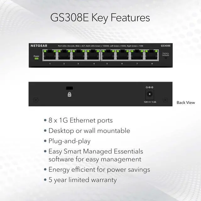 Alt view image 8 of 12 - 8-Port Gigabit Ethernet Easy Smart Managed Essentials Switch (GS308E) - Desktop or Wall Mount, Home Network Hub, Office Ethernet Splitter, Silent Operation