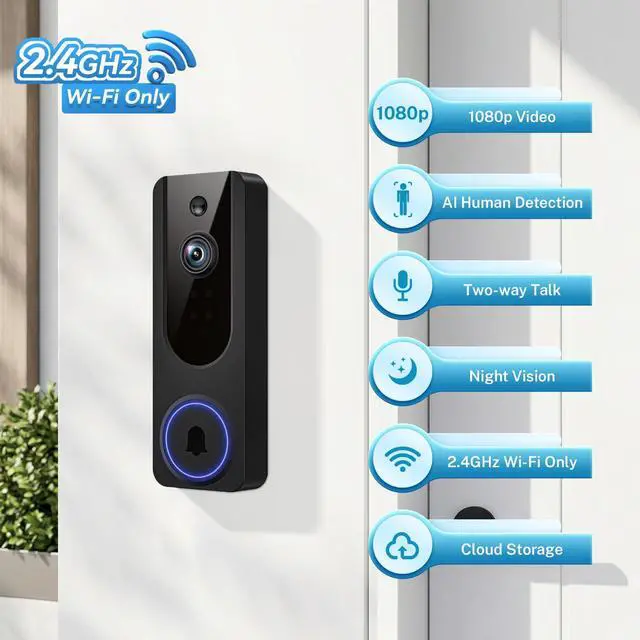 Alt view image 9 of 14 - 1080P Wireless Video Doorbell Camera, Battery Powered Door Chime, Night Vision, 2-Way Audio, Smart AI Human Detection, Cloud Storage, Home Security Door Bell