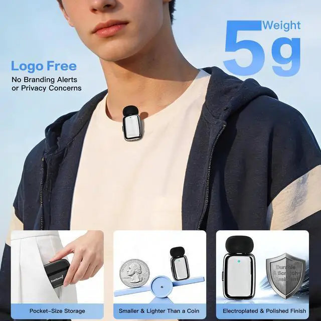 Alt view image 11 of 14 - Mini Microphone, Wireless Lavalier Mic for iPhone/iPad/Android, USB-C/Lightning, Noise Reduction, 33H Battery with Charging Case for Content Creators, TikTok & YouTube Videos - Chrome Silver