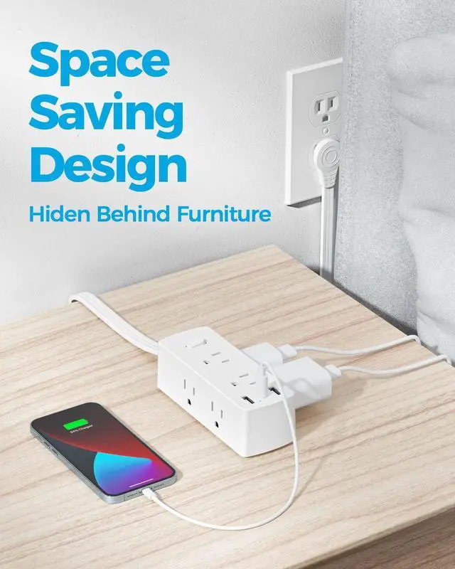 Alt view image 11 of 14 - Power Strip Surge Protector, Ultra Thin Flat Plug Extension Cord 5ft, 6 Outlets 3 USB Ports(1 USB C), 3 Sided Outlet Extender for Home Office Travel Dorm Room Essentials, White