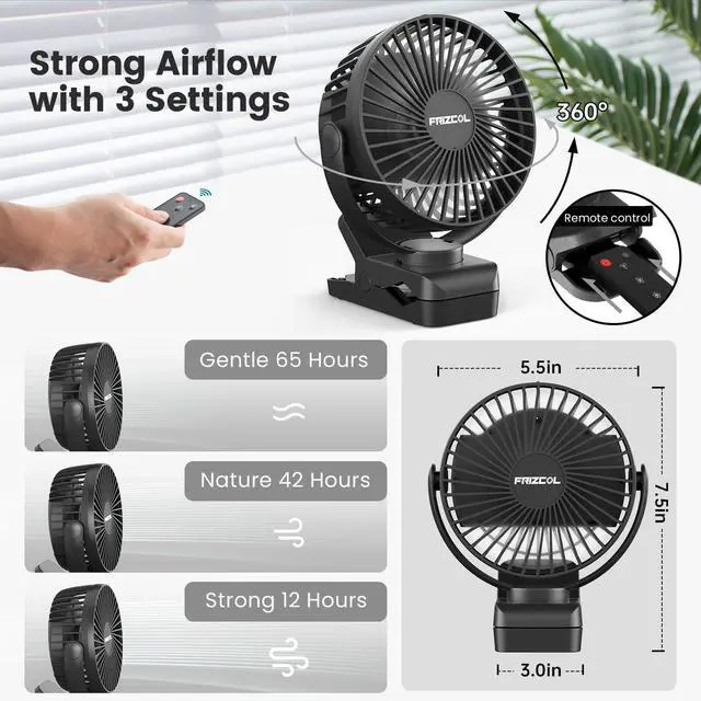 Alt view image 10 of 14 - Portable Clip on Fan 65 Working Hours, Camping Fans with LED Lights & Hook, 12000 Capacity Battery Operated Fan with Clamp, USB Rechargeable for Desk, Tent, Treadmill, Stroller, Golf Cart, Home