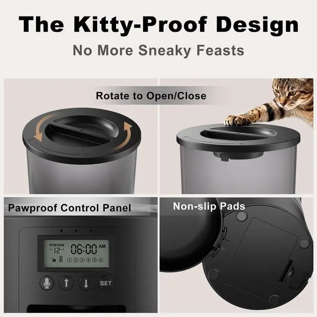 Alt view image 12 of 14 - Automated Cat Feeder,Clear 4.2L Dry Food Dispenser with Single Bowl,Programmable Timed Pet Feeder for Up to 6 Daily Meals,10-Second Voice Message & Dual Power Backup (Black, 4.2L Press Version)