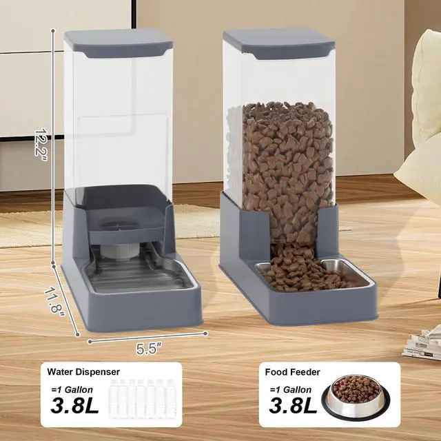 Alt view image 9 of 14 - Stainless Steel Cat Feeder and Water Dispenser,Gravity Waterer & Food Feeder Set with Stainless Steel,Large Capacity Pet Food Bowl for Small Medium Dog Pets Puppy Kitten(Grey,1 Gallon)