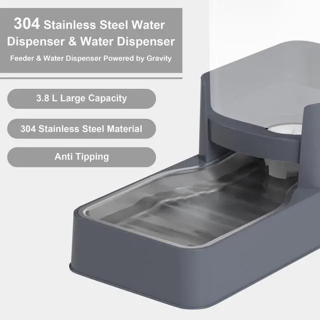 Alt view image 10 of 14 - Stainless Steel Cat Feeder and Water Dispenser,Gravity Waterer & Food Feeder Set with Stainless Steel,Large Capacity Pet Food Bowl for Small Medium Dog Pets Puppy Kitten(Grey,1 Gallon)