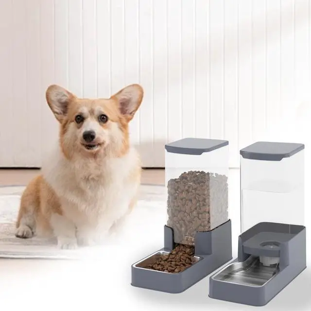 Alt view image 14 of 14 - Stainless Steel Cat Feeder and Water Dispenser,Gravity Waterer & Food Feeder Set with Stainless Steel,Large Capacity Pet Food Bowl for Small Medium Dog Pets Puppy Kitten(Grey,1 Gallon)