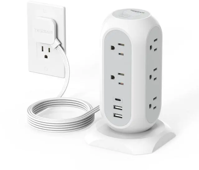 Alt view image 7 of 12 - Tower Power Strip Flat Plug with 11 Outlets 3 USB (1 USB C), Surge Protector Tower 1625W/13A,1050J Protection, 6 Feet Extension Cord with Multiple Outlets, Office Desk Supplies, Dorm Essentials