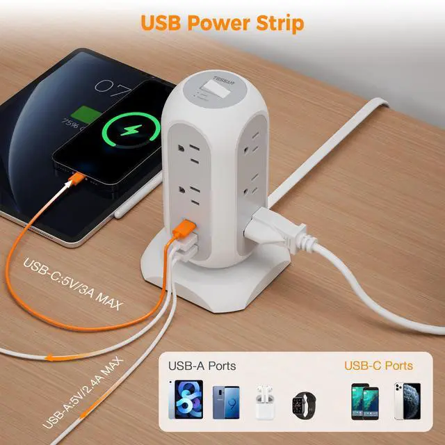 Alt view image 9 of 12 - Tower Power Strip Flat Plug with 11 Outlets 3 USB (1 USB C), Surge Protector Tower 1625W/13A,1050J Protection, 6 Feet Extension Cord with Multiple Outlets, Office Desk Supplies, Dorm Essentials