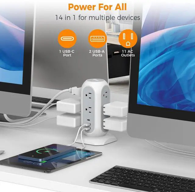 Alt view image 12 of 12 - Tower Power Strip Flat Plug with 11 Outlets 3 USB (1 USB C), Surge Protector Tower 1625W/13A,1050J Protection, 6 Feet Extension Cord with Multiple Outlets, Office Desk Supplies, Dorm Essentials