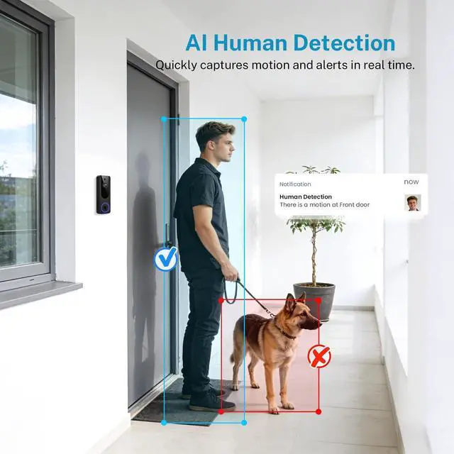 Alt view image 11 of 14 - 1080P Wireless Video Doorbell Camera, Battery Powered Door Chime, Night Vision, 2-Way Audio, Smart AI Human Detection, Cloud Storage, Home Security Door Bell