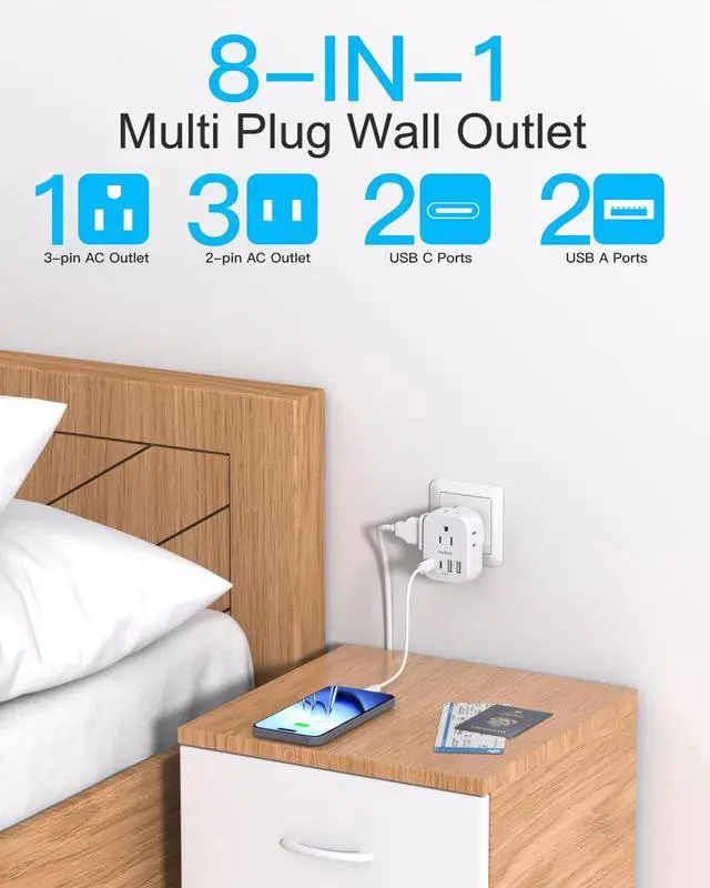 Alt view image 9 of 14 - Travel Cruise Ship Essentials, Multi Plug Wall Outlet Extender with 4 Outlets 4 USB (2 USB-C), Cruise Approved Power Strip Non Surge Protector, Plug Adapter, Travel Cruise Must Have Accessories