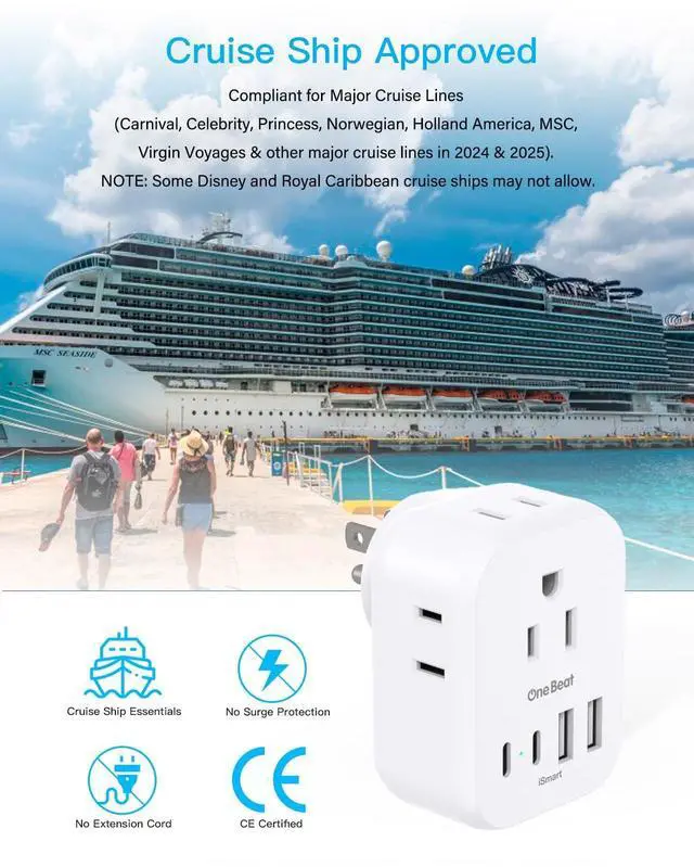 Alt view image 11 of 14 - Travel Cruise Ship Essentials, Multi Plug Wall Outlet Extender with 4 Outlets 4 USB (2 USB-C), Cruise Approved Power Strip Non Surge Protector, Plug Adapter, Travel Cruise Must Have Accessories
