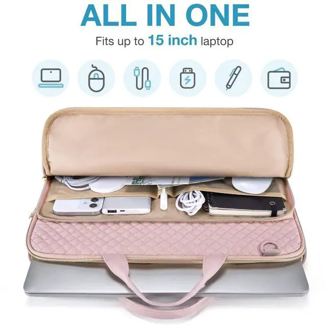 Alt view image 10 of 14 - 15.6 Inch Laptop Case Sleeve Compatible with MacBook Pro 16 Inch,15.6 Inch HP,Dell,Acer Aspire,Asus Notebook, Lightweight Laptop Bag for Women with Shoulder Strap,Pocket,Handle, Pink