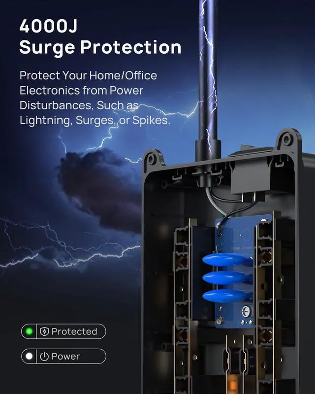 Alt view image 10 of 14 - Surge Protector Power Strip 15 ft Cord - Long Extension Cord, 13 Widely-Spaced Outlets Expansion with USB C Ports, 4000 Joules, Flat Plug, Wall Mount, ETL Listed, Office Desk Accessory, Black