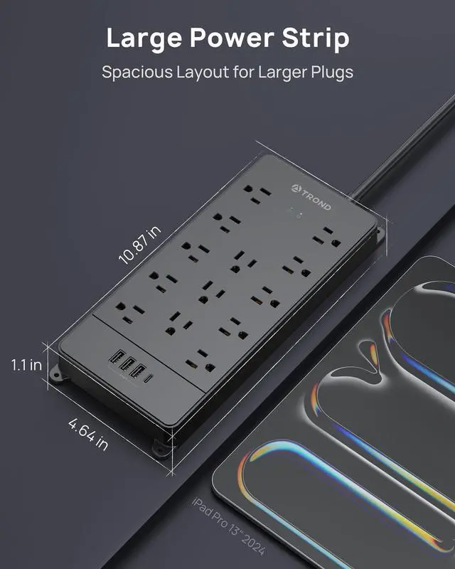 Alt view image 13 of 14 - Surge Protector Power Strip 15 ft Cord - Long Extension Cord, 13 Widely-Spaced Outlets Expansion with USB C Ports, 4000 Joules, Flat Plug, Wall Mount, ETL Listed, Office Desk Accessory, Black