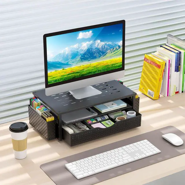 Alt view image 14 of 14 - Desk Organizers and Accessories, Monitor Stand with Drawer and 2 Pen Holder, Desktop Organizer Suitable for Offices and Dormitories (Black)